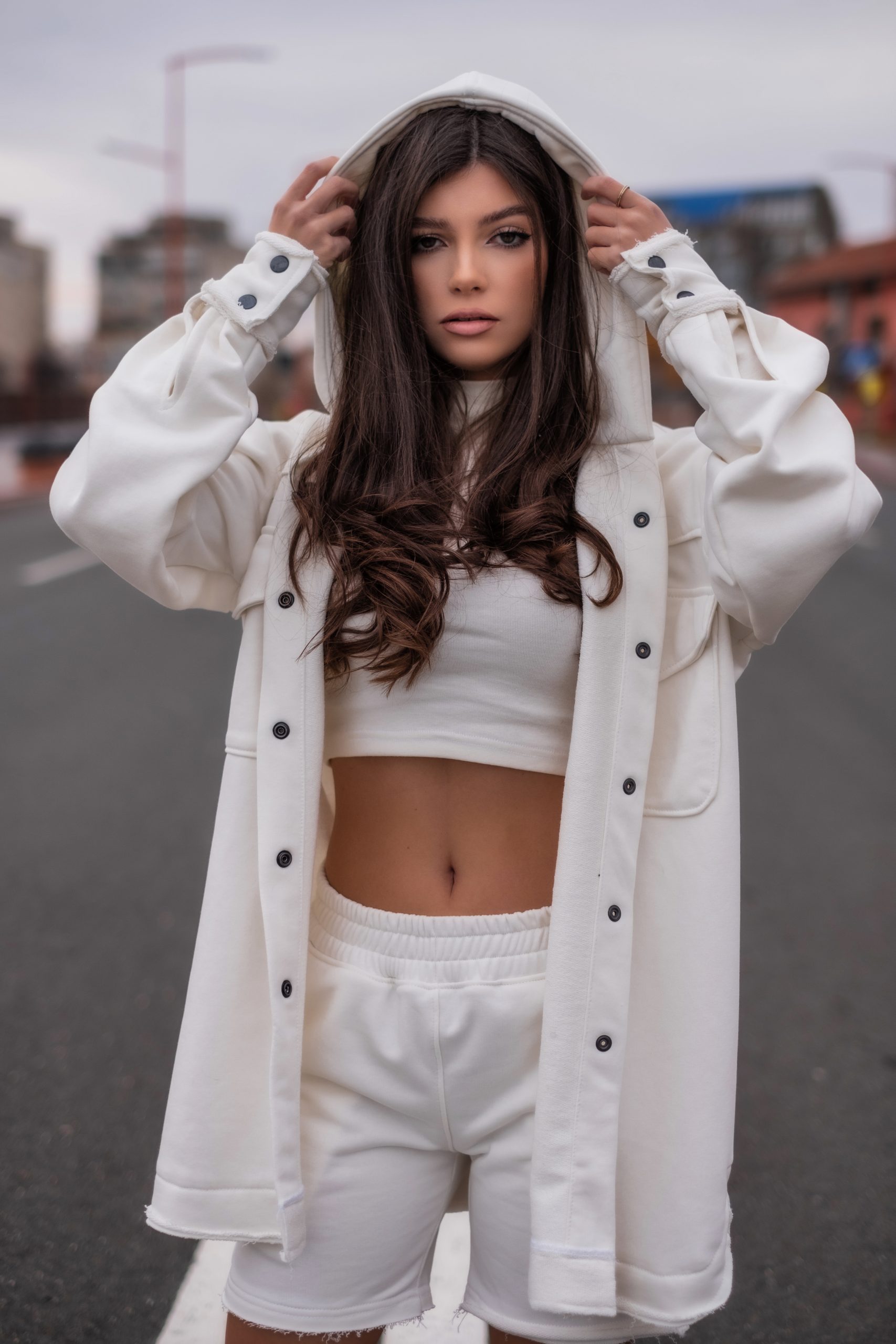 White Hoodie Jacket with contrasting snap buttons