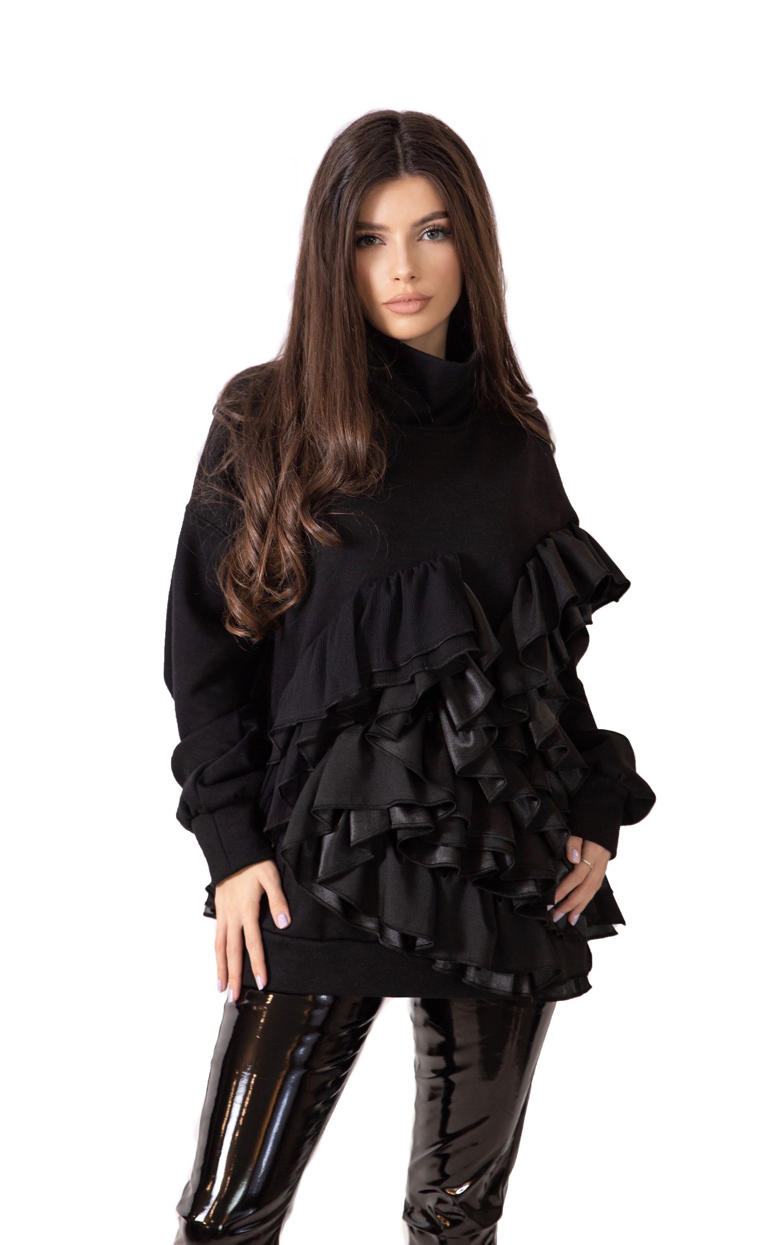 French terry turtleneck top with ruffles